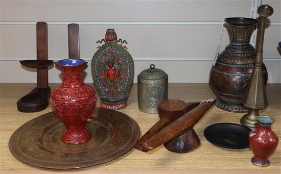 A Tibetan mounted brass steel Islamic, Indian metalware and wood printing blocks, a cinnabar vase and a Komai style dish
